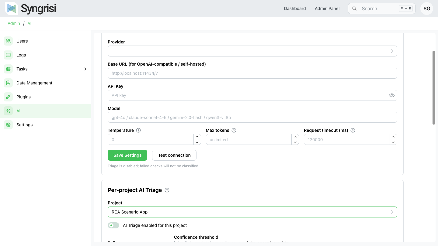 Admin AI settings: provider and per-project triage