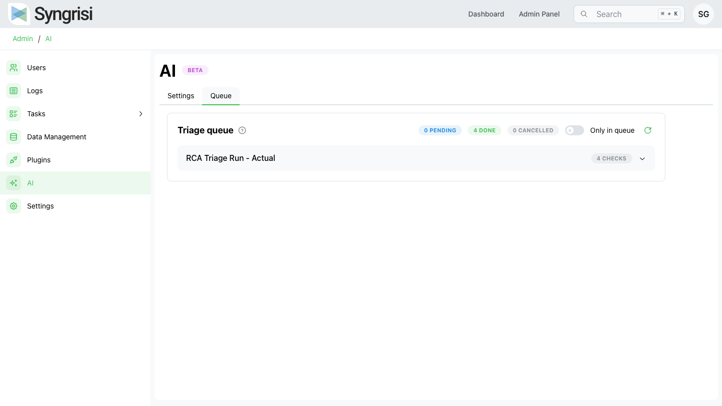 AI triage queue grouped by run