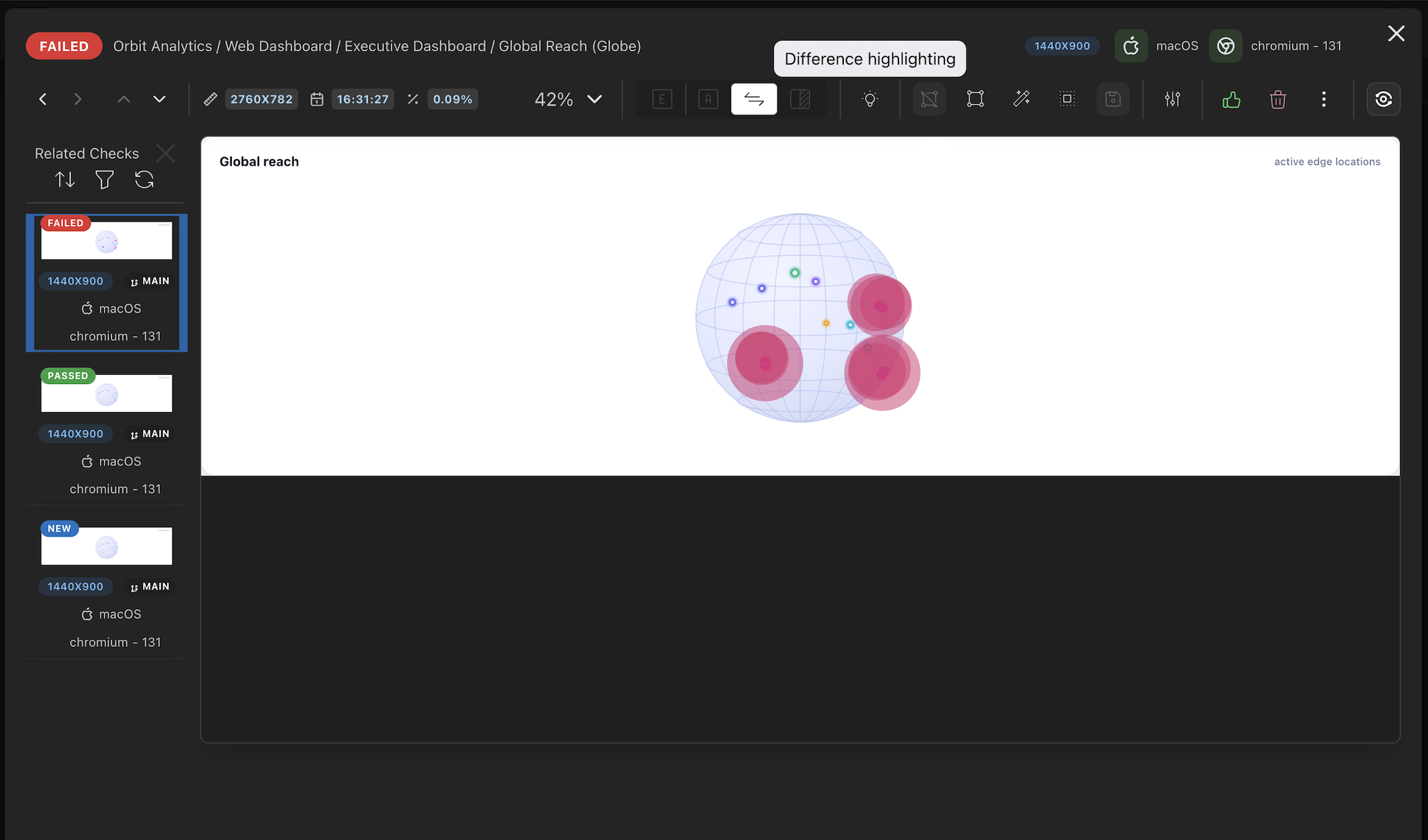 Difference highlighting reveals a tiny sub-pixel change on a globe