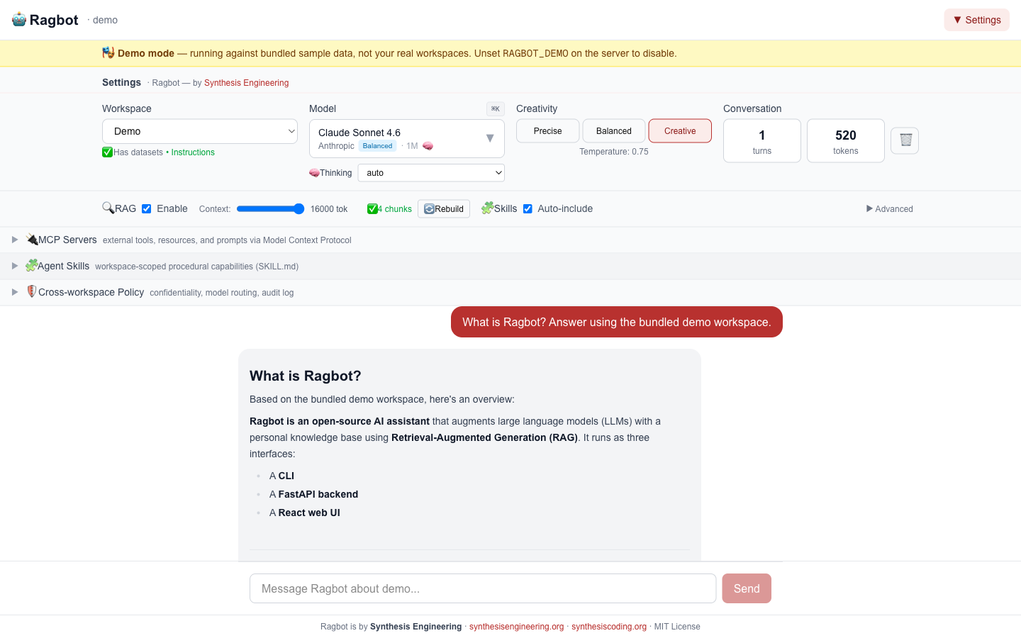 Ragbot v3.4 agent panel — substantive multi-step response drawing on indexed workspace chunks, demonstrating the agent loop in action