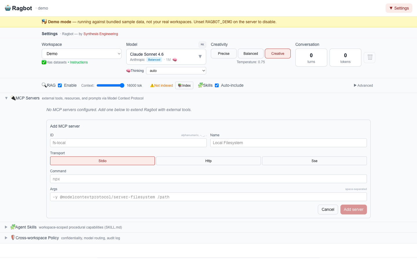 Ragbot v3.4 MCP settings panel — empty state with the Add server form expanded, showing the stdio / http / sse transport selector