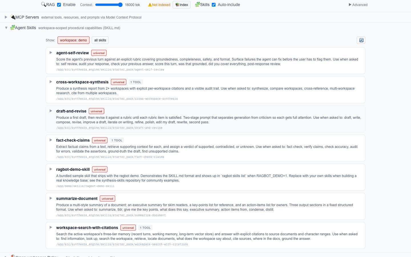 Ragbot v3.4 skills panel — seven skills visible: the six bundled starter-pack skills plus the demo skill, filtered to the demo workspace scope