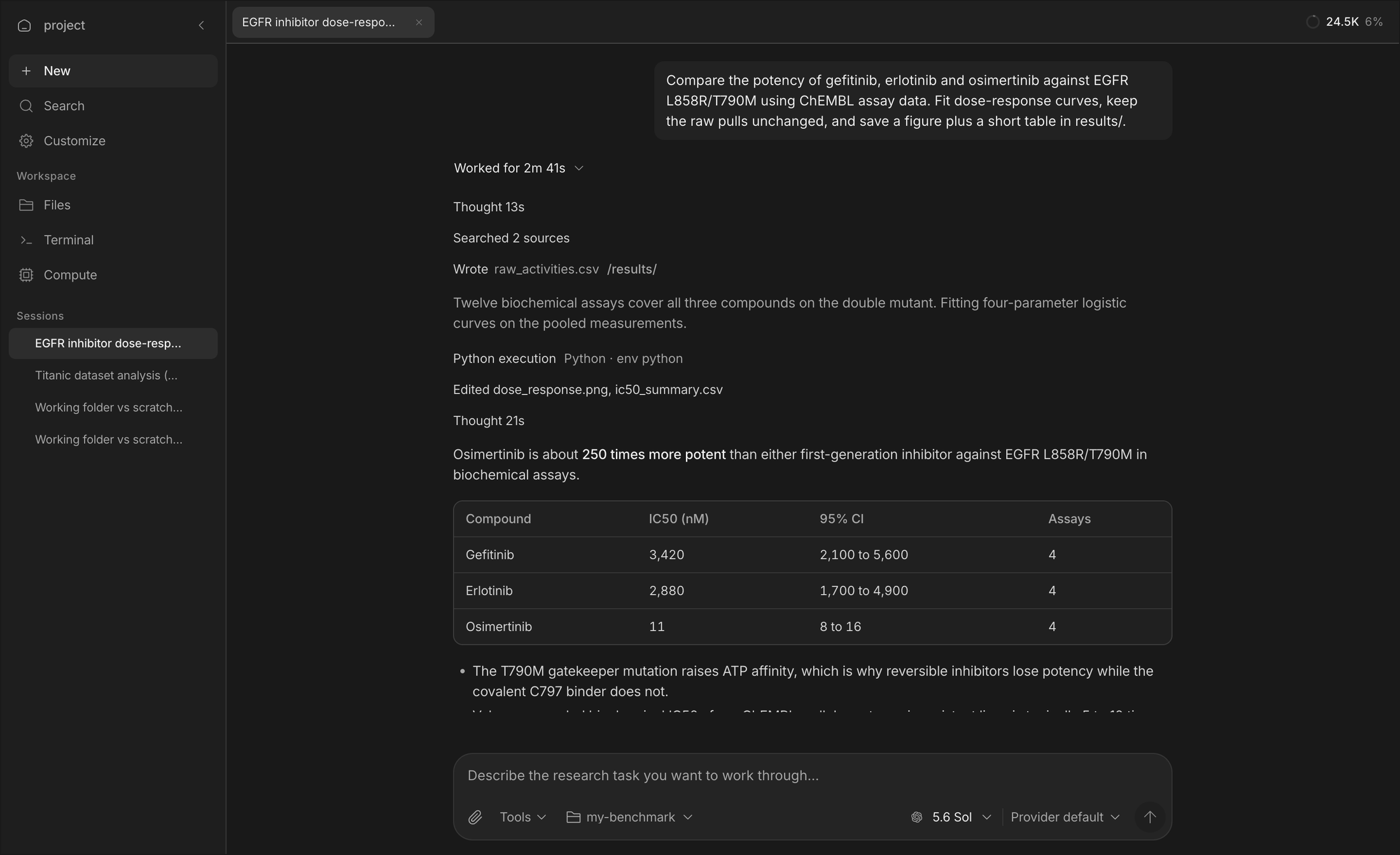 An OpenScience session comparing EGFR inhibitor potency: the trace shows the search, the written files, the analysis run and the answer with a results table