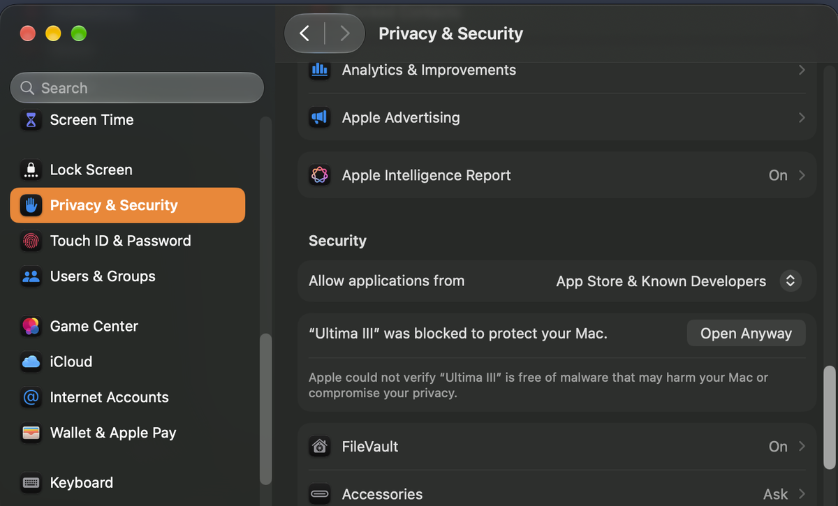 System Settings, Privacy & Security: under Security, "Ultima III" was blocked to protect your Mac, with the Open Anyway button beside it