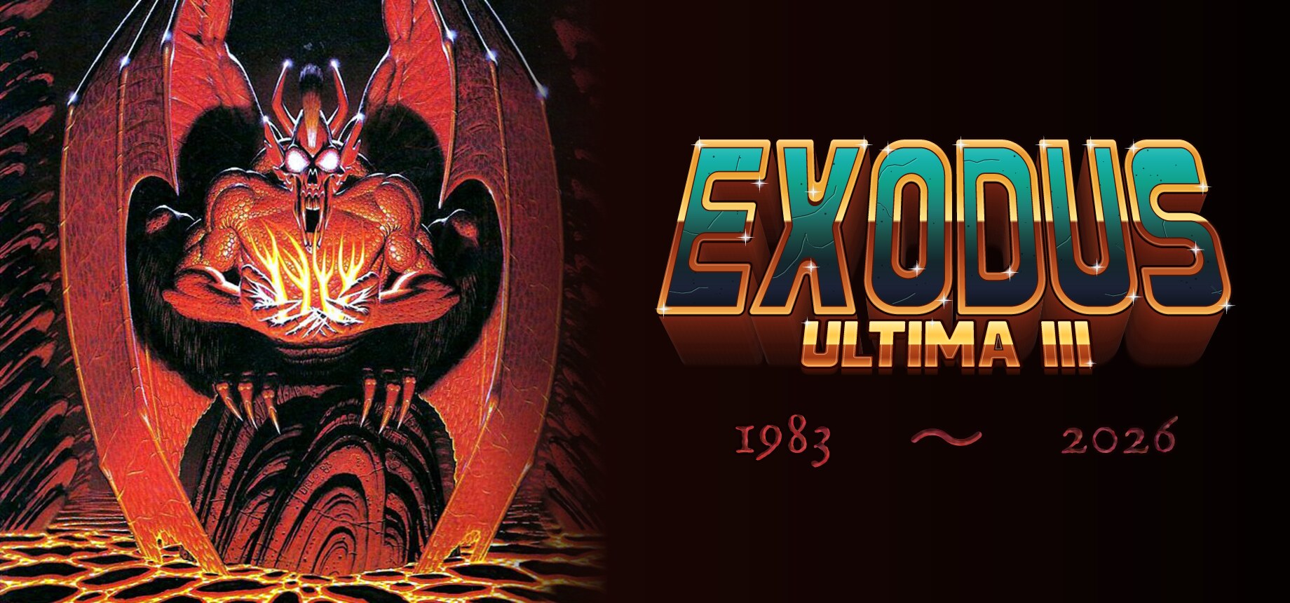 EXODUS: Ultima III, 1983 to 2026, beside the demon from Denis Loubet's box painting