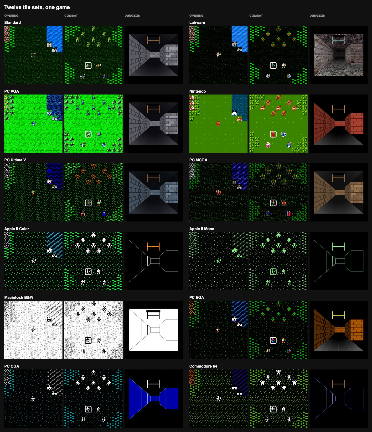 Twelve tile sets, each at the opening, in combat and in a dungeon