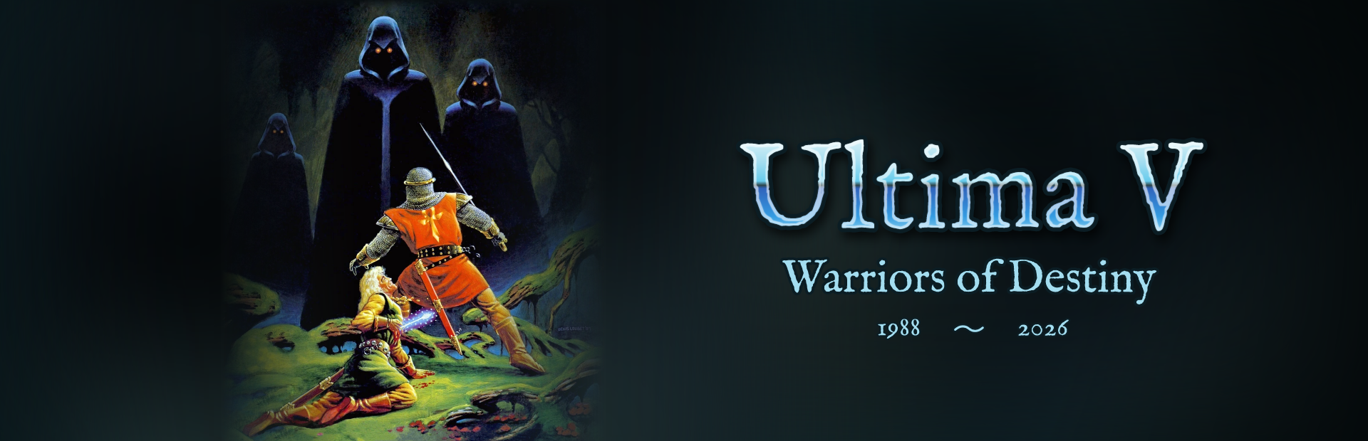 Ultima V: Warriors of Destiny, 1988 to 2026 - the Avatar standing over his fallen friend, three Shadowlords looming over them, from the box's painting