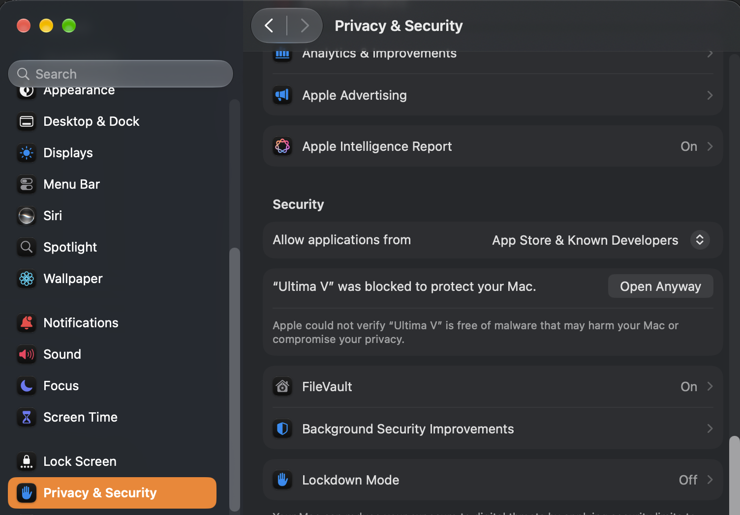 System Settings, Privacy & Security: under Security, "Ultima V" was blocked to protect your Mac, with the Open Anyway button beside it
