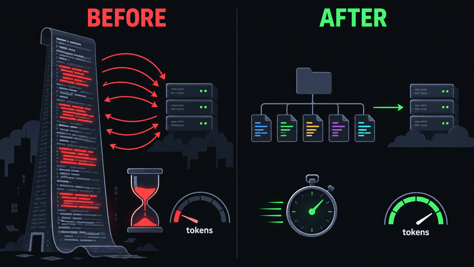 Before: one giant file. After: small files with one job each
