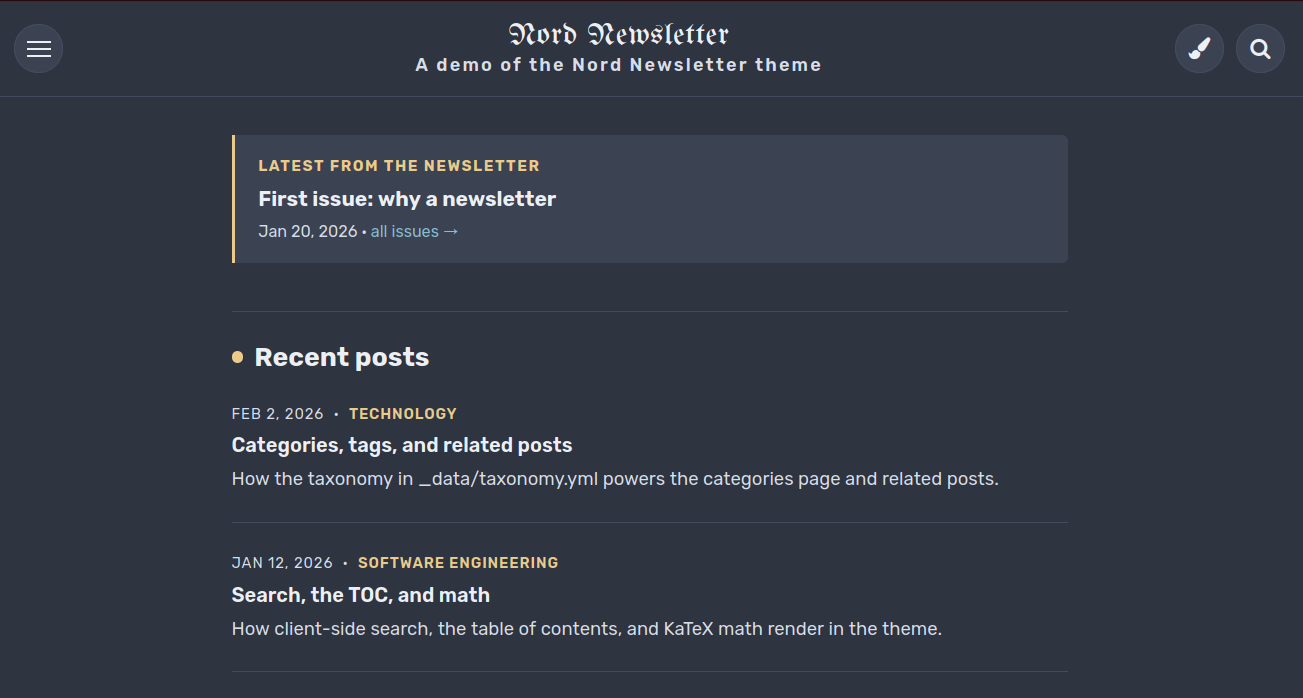 Nord Newsletter home page in the dark theme