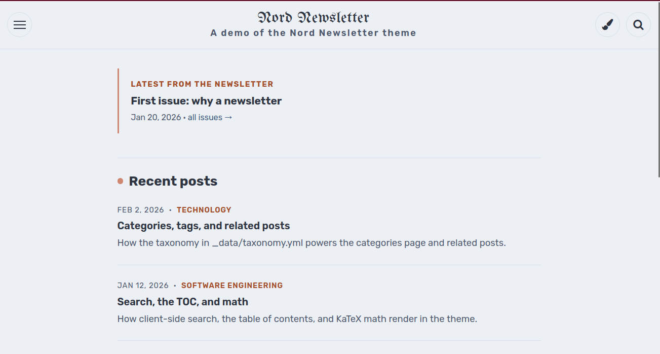 Nord Newsletter home page in the light theme