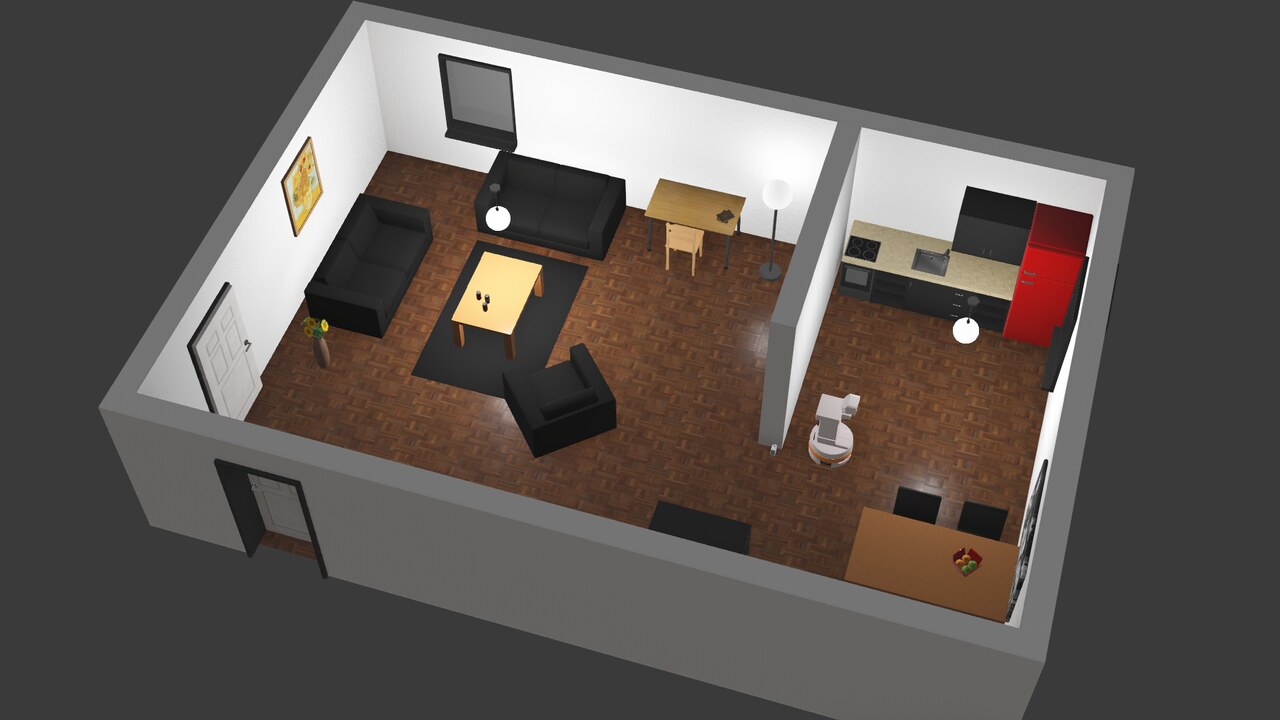 Webots의 apartment.wbt 썸네일로 거실·주방을 포함한 아파트 내부를 위에서 본 렌더링 이미지입니다.