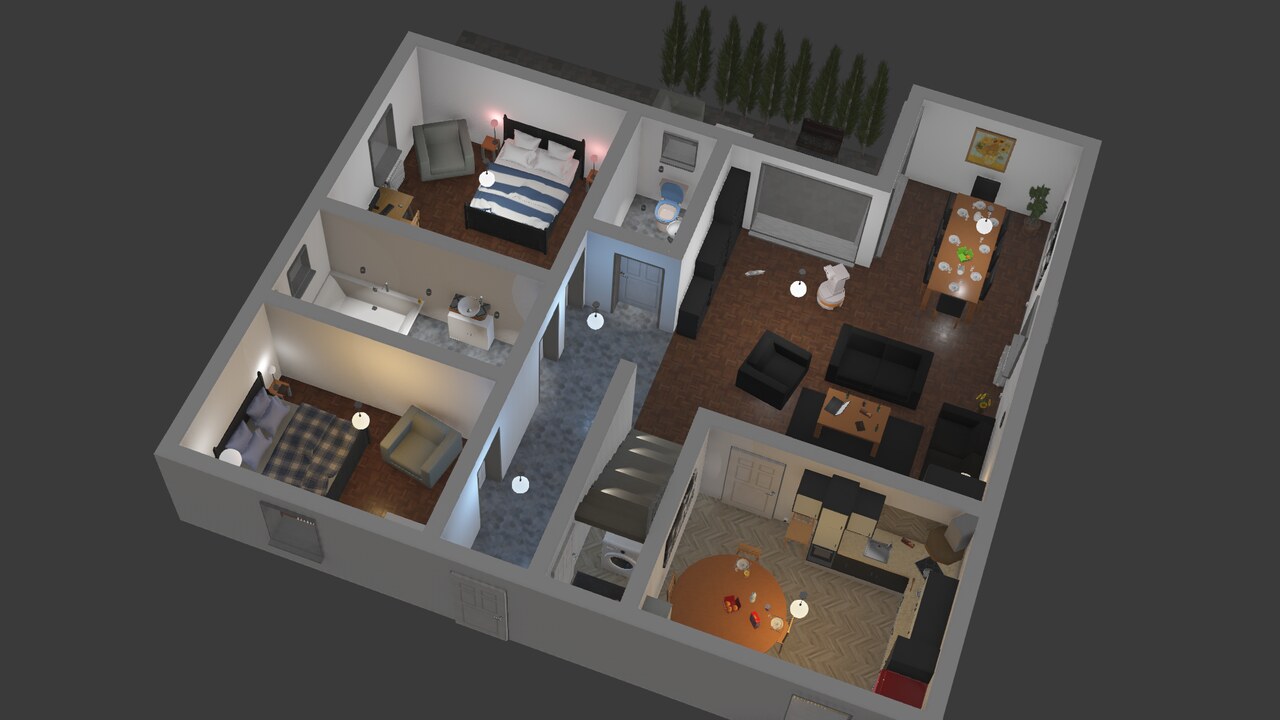 complete_apartment.wbt의 썸네일로, 더 큰 규모와 여러 방이 포함된 아파트 장면을 렌더링한 이미지입니다.
