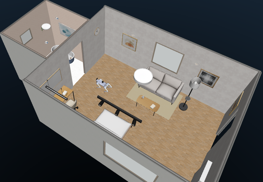 Unitree Go2 in SceneSmith House 185 using native MuJoCo