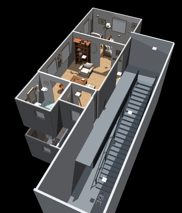 Two-floor SceneSmith house in native MuJoCo