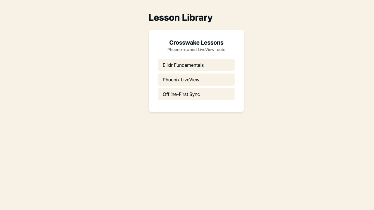 Crosswake showcase hub at localhost:4700 — the SaaS/Admin, Field Service, and Learning/Training lanes with route-owner and support-truth labels
