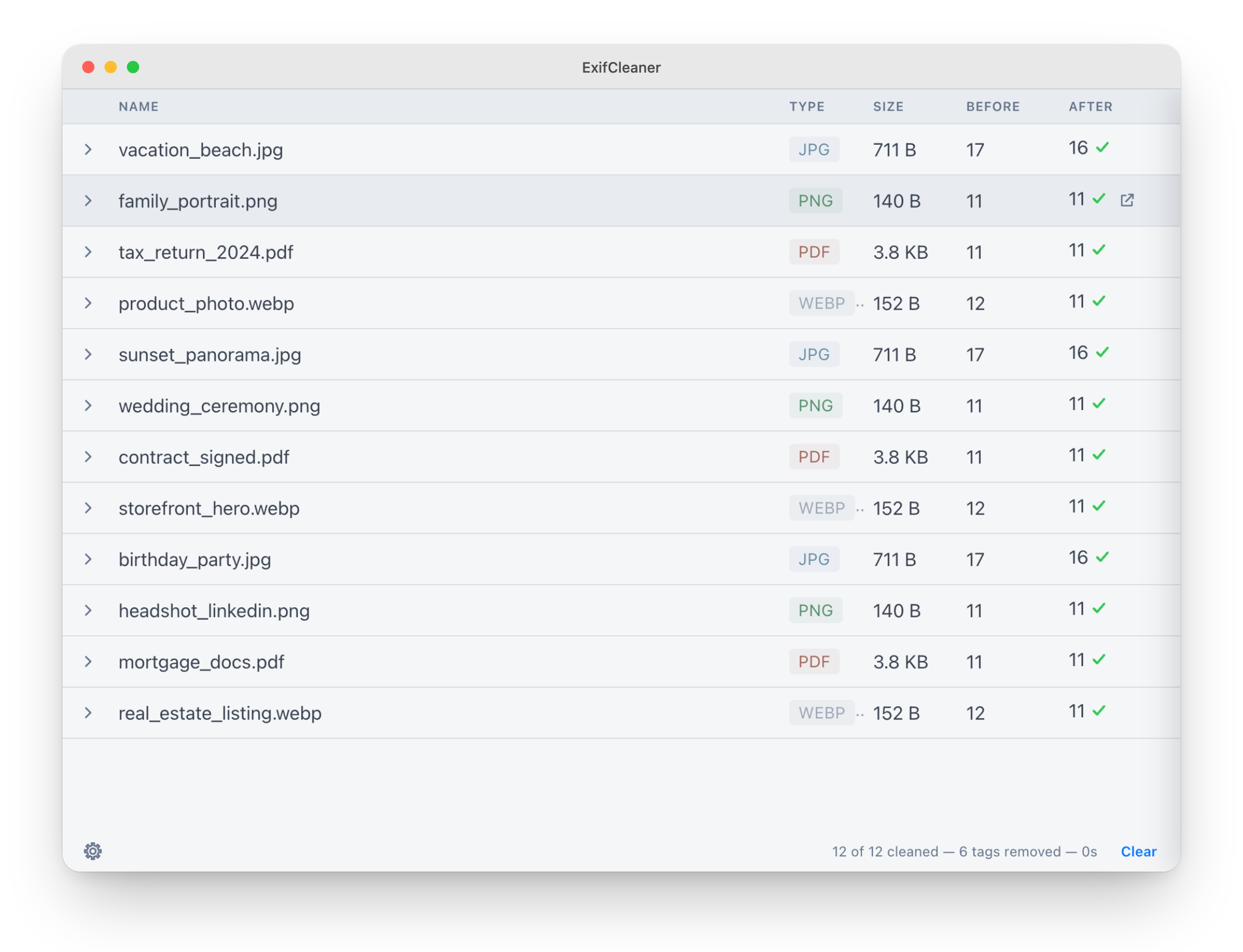 ExifCleaner cleaning a batch of images, videos, and PDFs