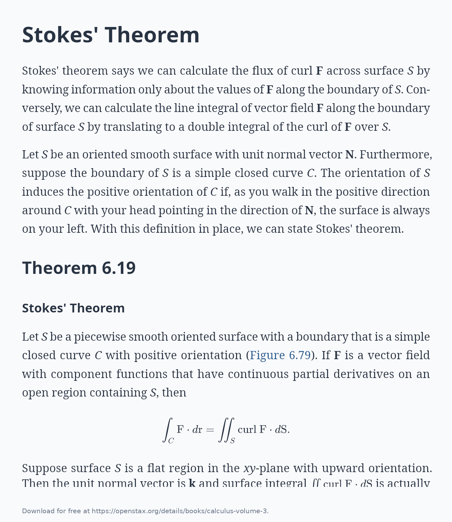 Stokes’ Theorem from OpenStax Calculus Volume 3, with inline and display mathematics