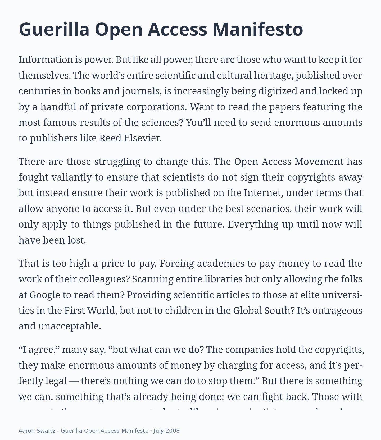 Paragraph typography in Aaron Swartz’s Guerilla Open Access Manifesto