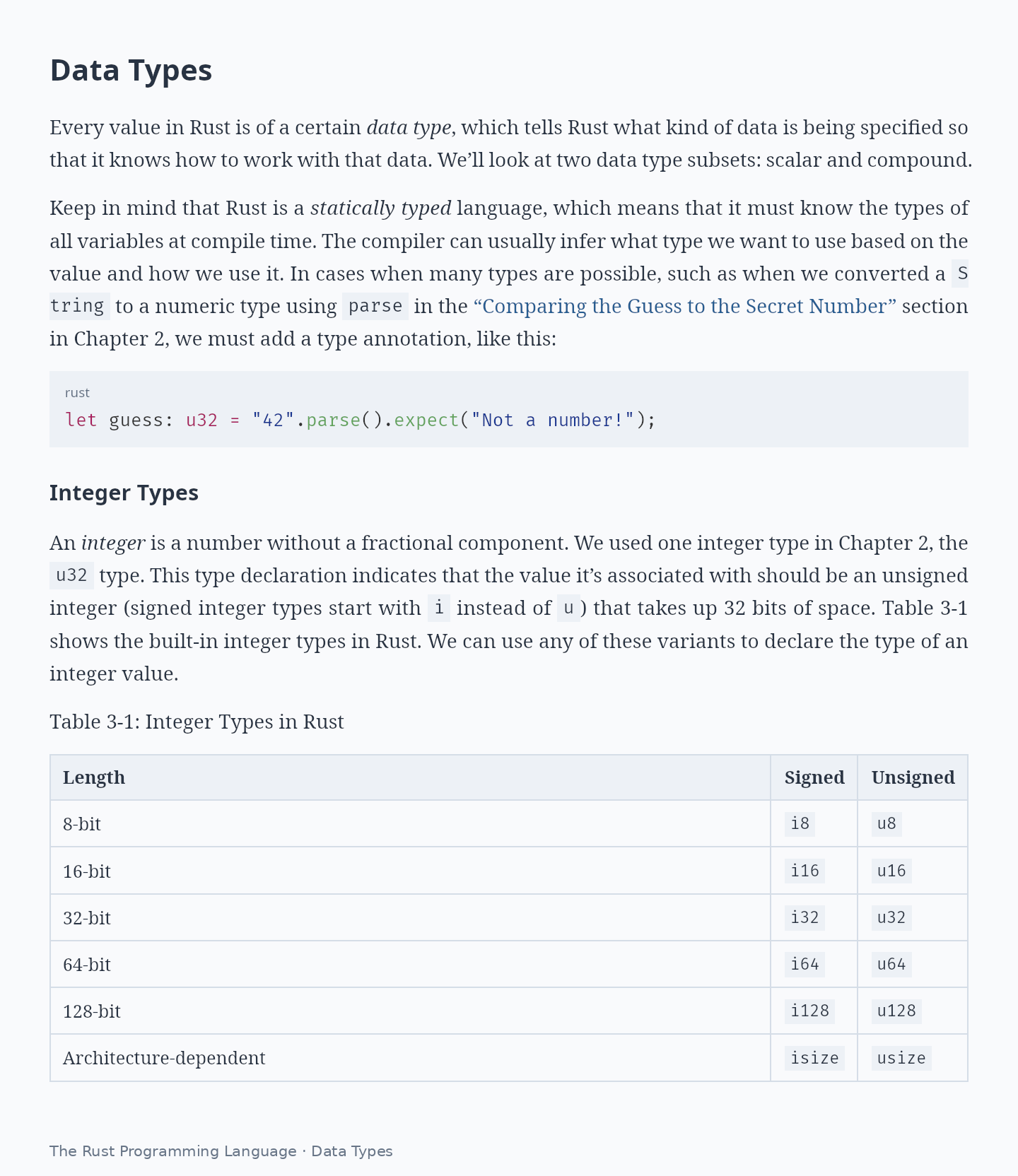 Data Types from the Rust Book with code, links and an integer-type table