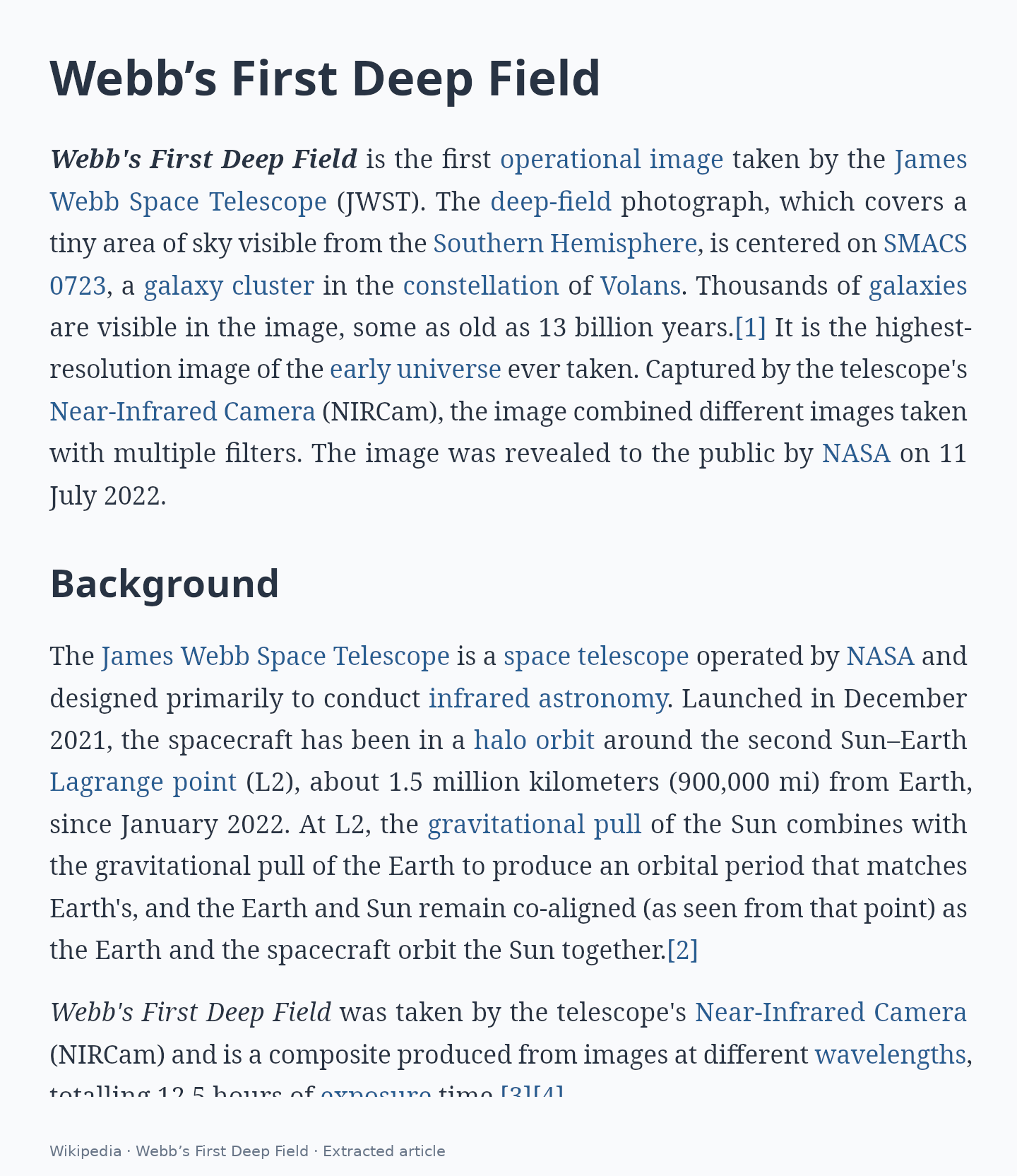 Actual extracted prose and links from Wikipedia’s Webb’s First Deep Field article