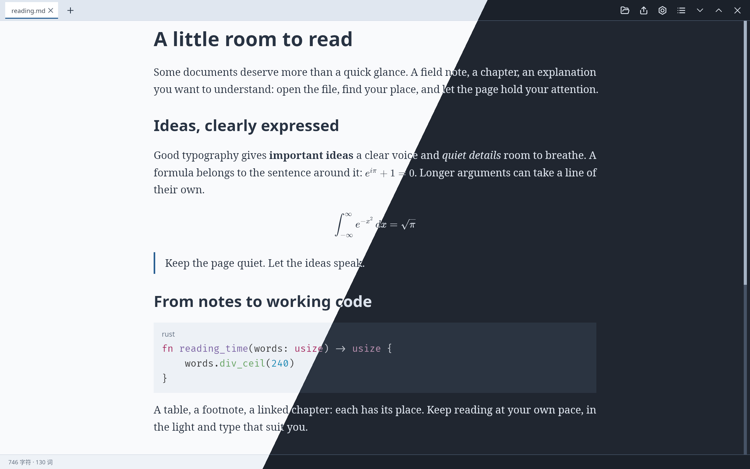 The same page split diagonally between Light on the left and Dark on the right