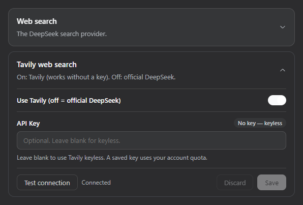 Tavily web search settings: keyless connection test passed
