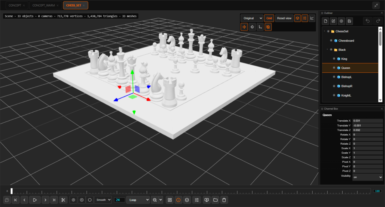 A USD chess set in the 3D viewer, with the Outliner and Channel Box beside it