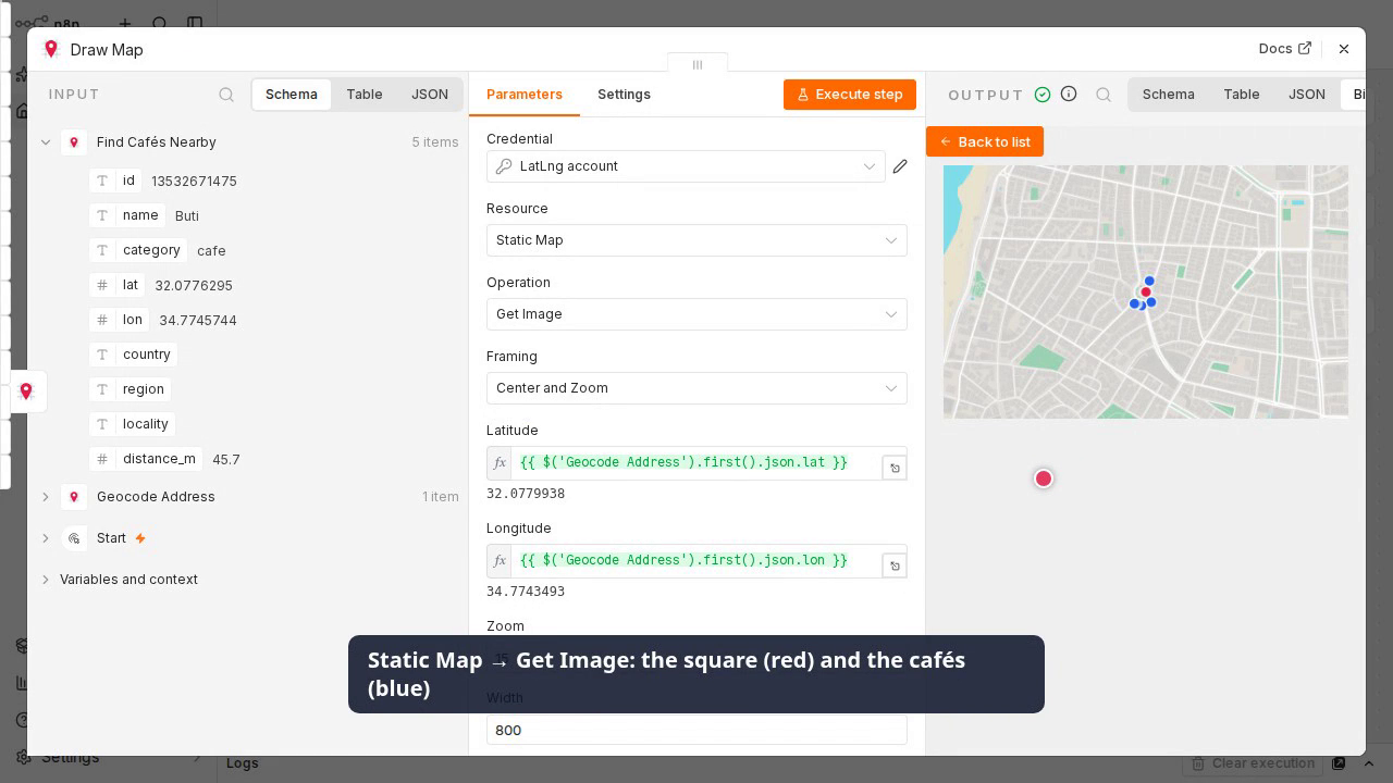 LatLng node demo: geocode Dizengoff Square, find cafés nearby, draw a static map. Click to play the video.