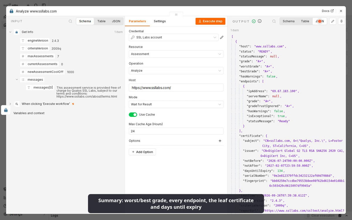 SSL Labs for n8n demo: credential, registration, Analyze and the trigger's test event