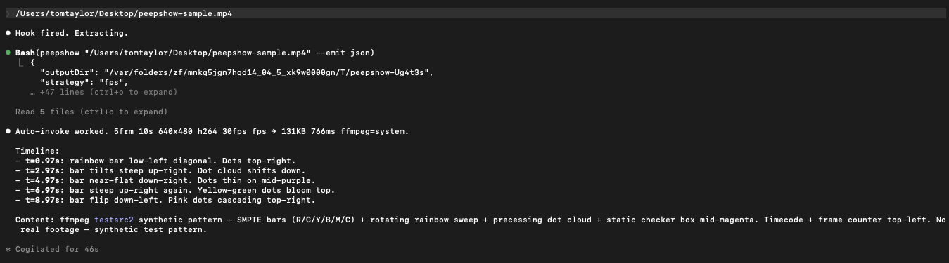 Dragging a video into Claude Code triggers peepshow automatically