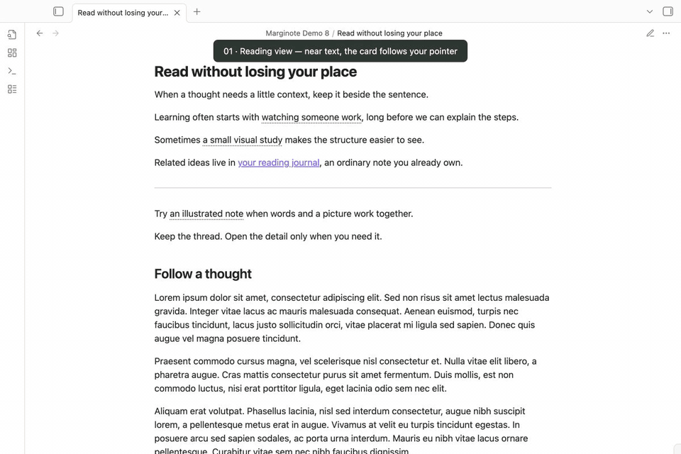 Marginote cards following the pointer to the left, below, and right in Reading view and Live Preview, with English notes and Lorem ipsum scrolling passages