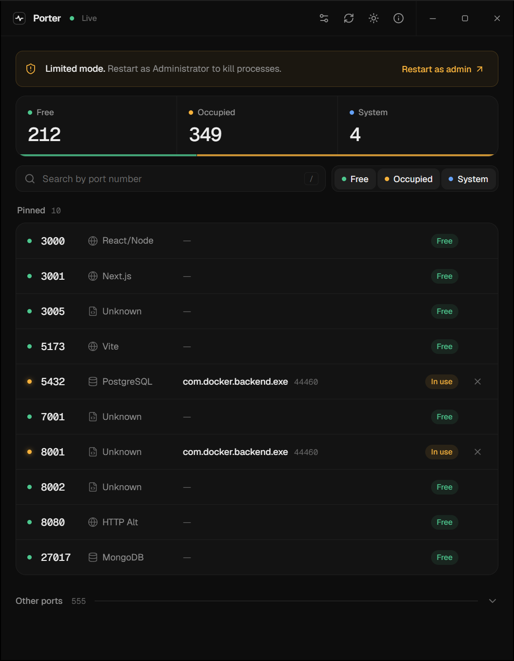 Porter in dark mode