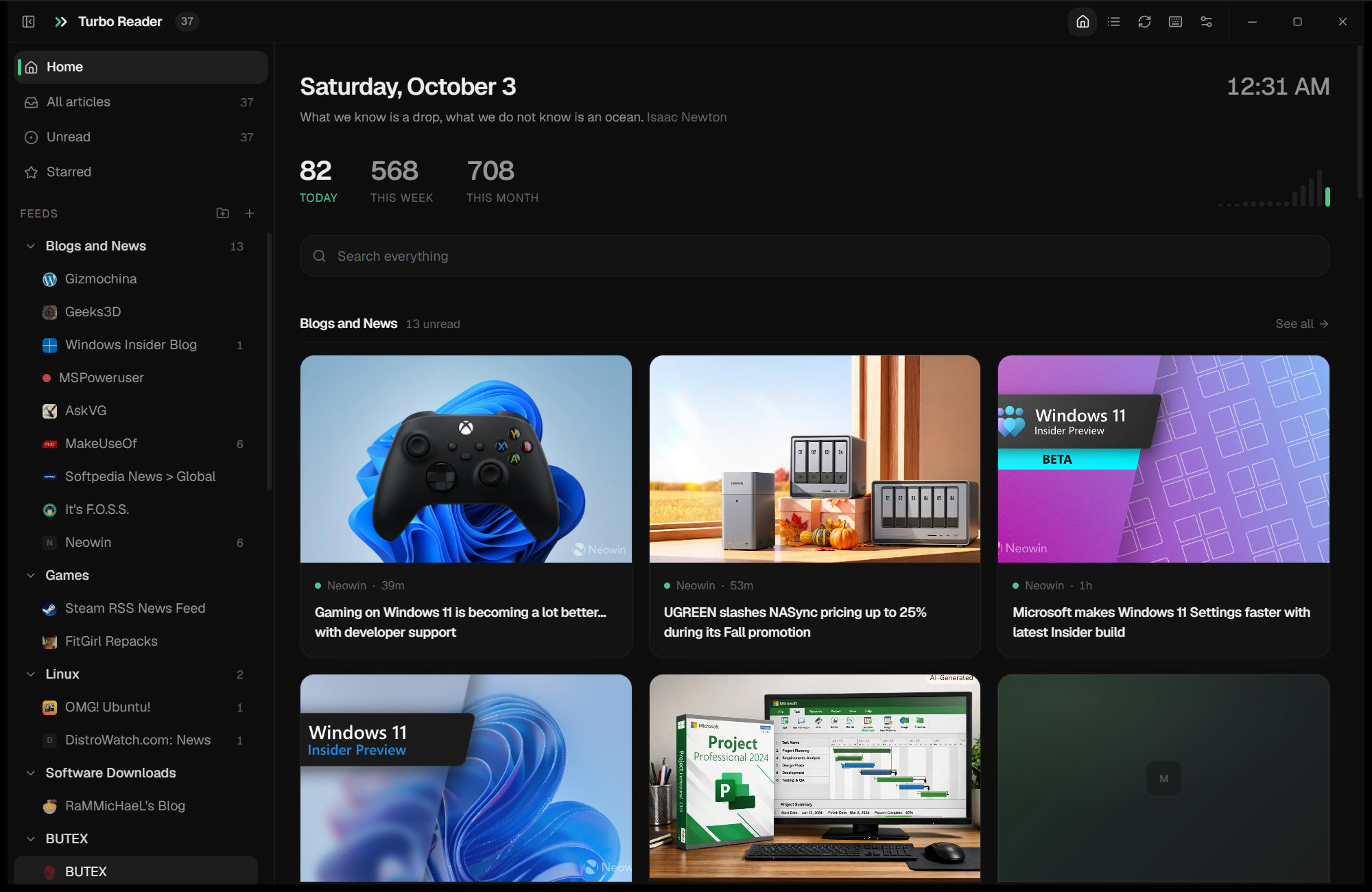 The home page: counts, search, pinned feeds and a band per category