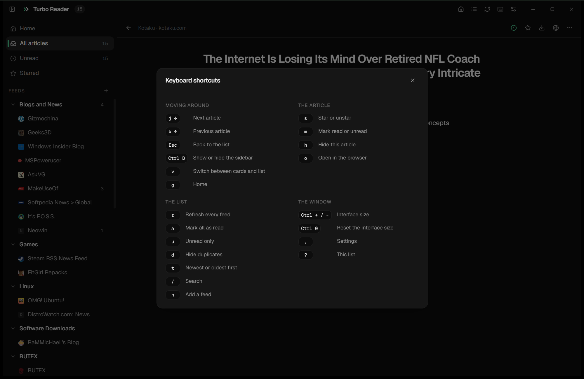 The keyboard shortcut sheet