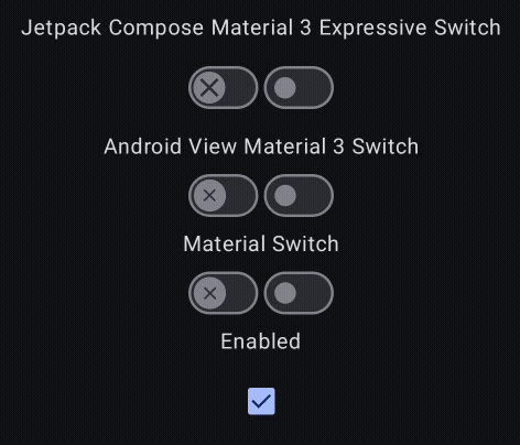 A Jetpack Compose Material 3 Switch, an Android View Material 3 Switch, and this repository's implementation being checked/unchecked and enabled/disabled