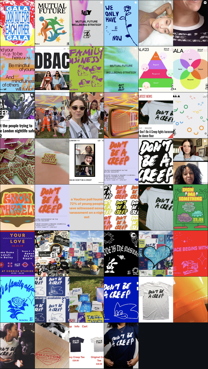 Don't Be A Creep Instagram grid — campaign graphics, merch and event posters