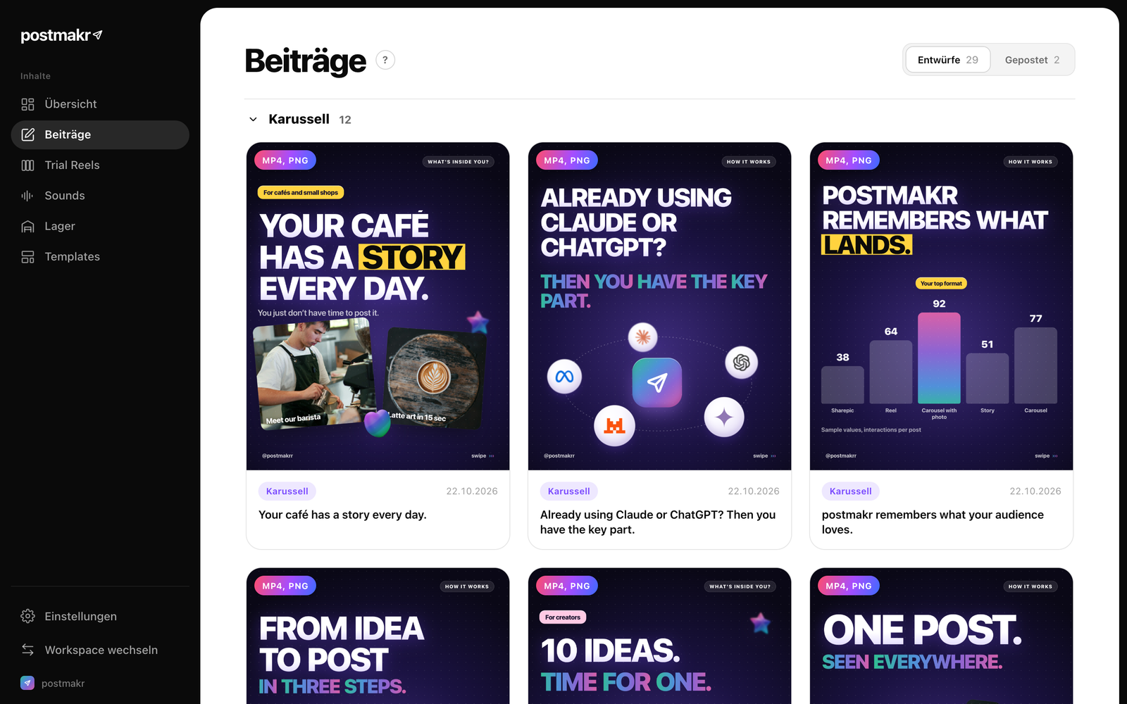 postmakr lokal: Beiträge im Dashboard