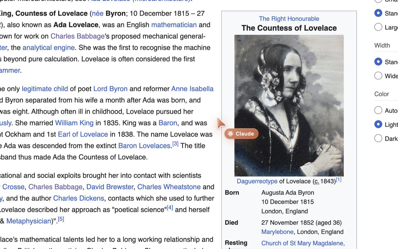 Claude's cursor working on a Wikipedia page in a background tab