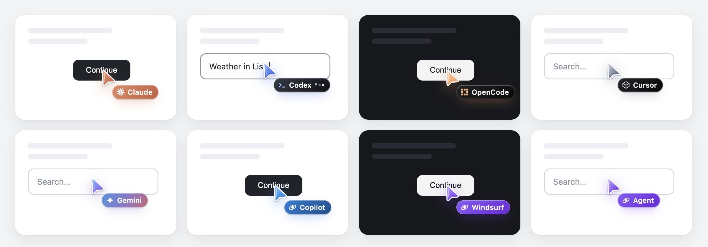 Each agent gets its own cursor: Claude, Codex, OpenCode, Cursor, Gemini, Copilot