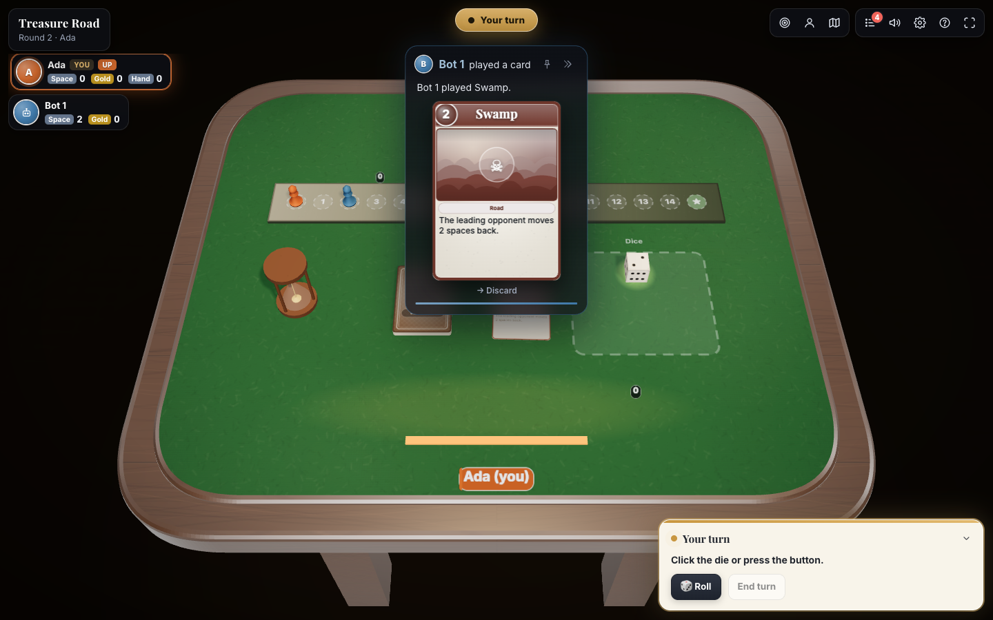 A Tablecraft table: a bot just played a card and the Spotlight shows it, large and readable, with the matching log line