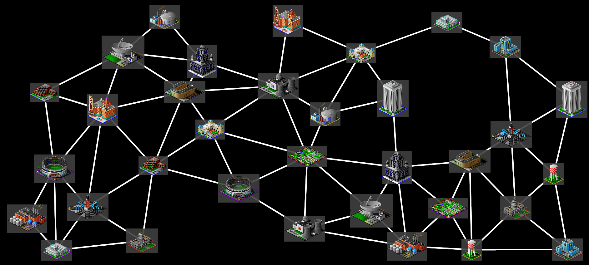 Screenshot of tableaunoir showcasing magnets to illustrate large graph algorithms, using Sim City icons for nodes