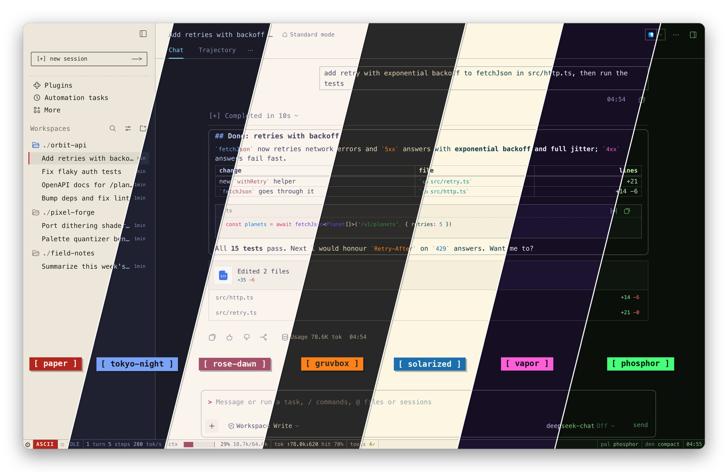 Seven of the 19 palettes on one screen: paper, tokyo-night, rose-dawn, gruvbox, solarized, vapor, phosphor