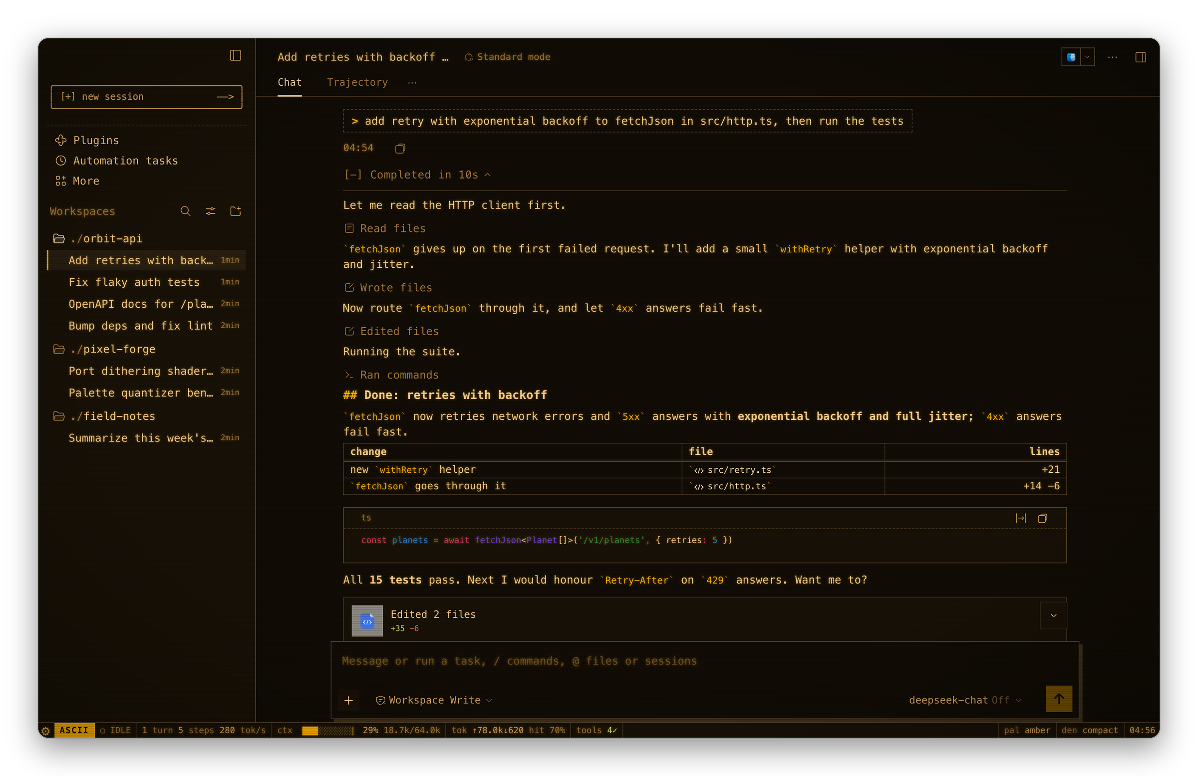 The terminal chat style on amber with CRT scanlines