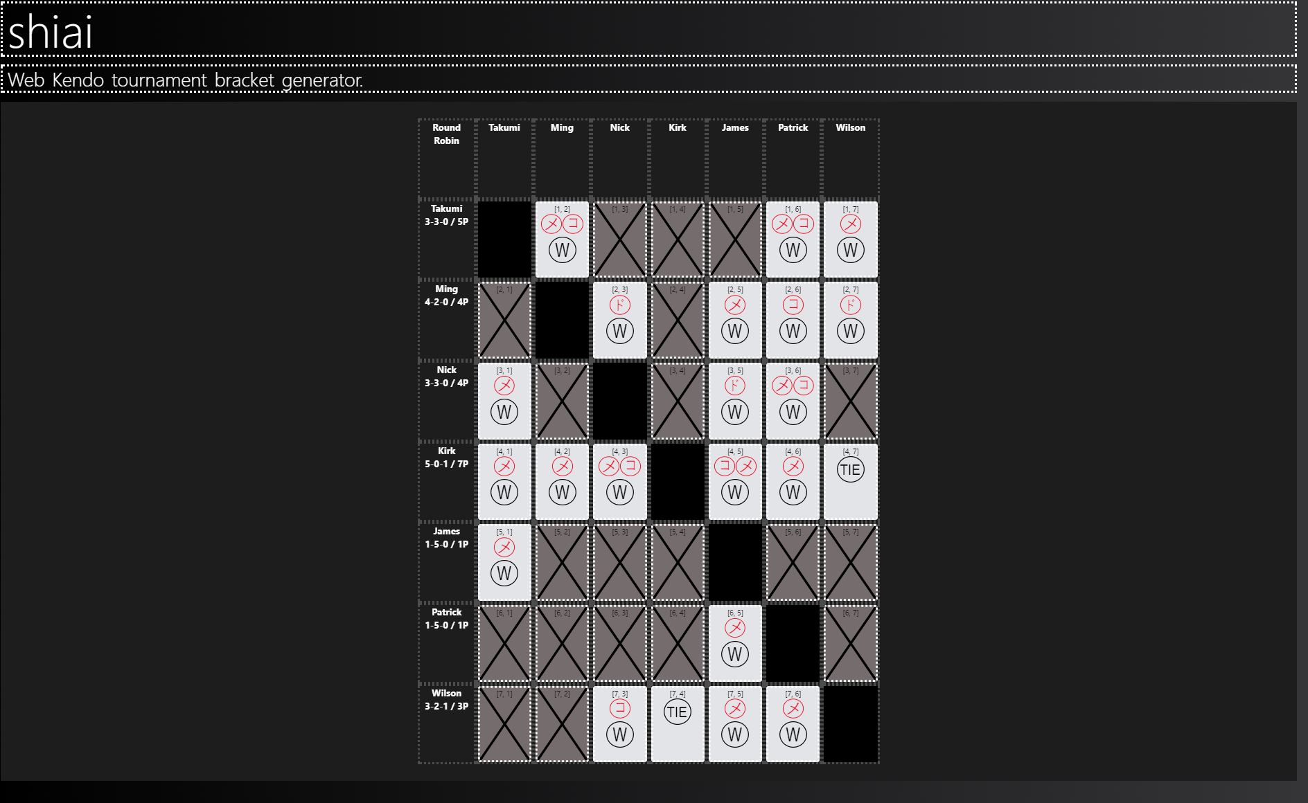 Early screenshot of shiai kendo tournament generator