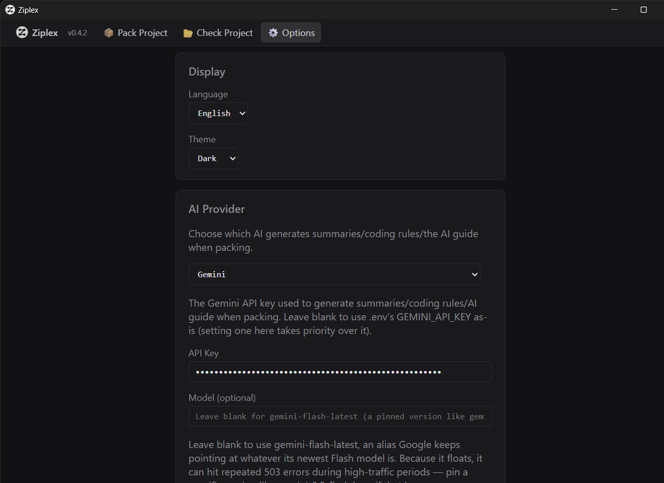Options page: output folder, AI provider
