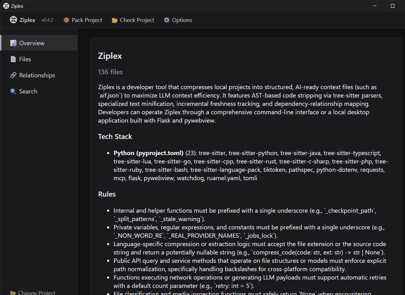 Overview page for a packed project
