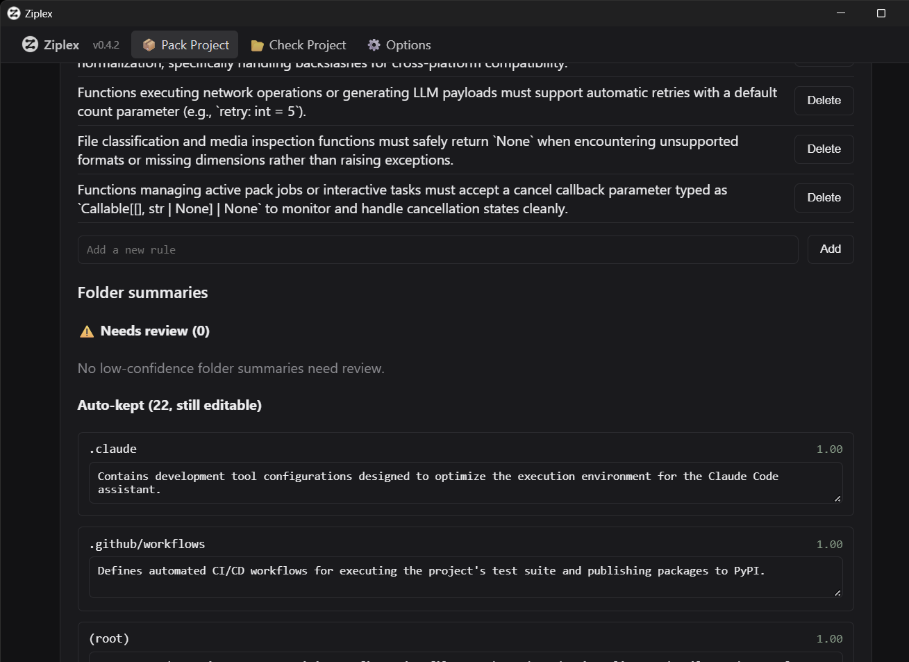 Pack: review project guide, rules, and folder/per-file summaries