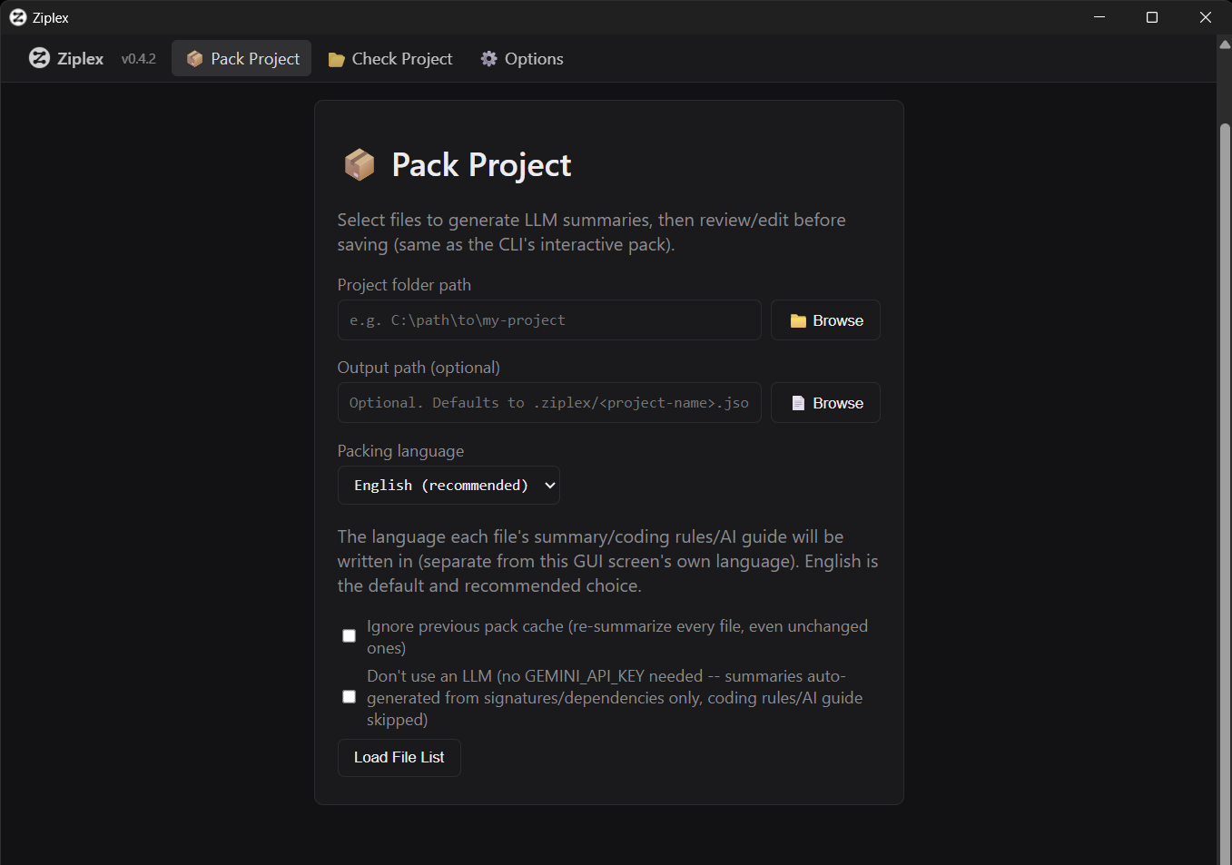 Pack: project setup — folder, output path, and packing language
