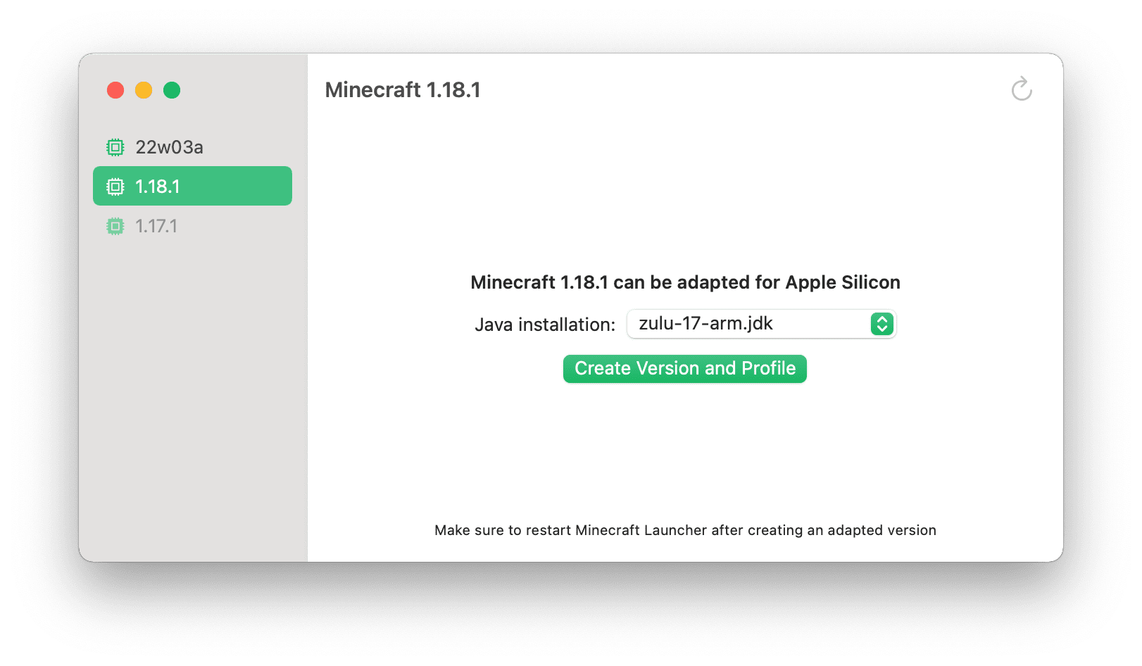 A screenshot of Minecraft Silicon prompting the user to adapt Minecraft 1.18.1